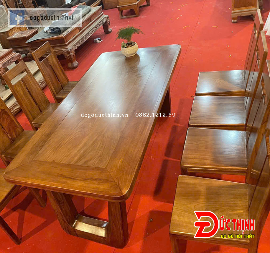 Bàn Ăn Gỗ Đỏ Chân Chữ U – Ghế Mẫu Trơn Khoét Lỗ Cách Điệu