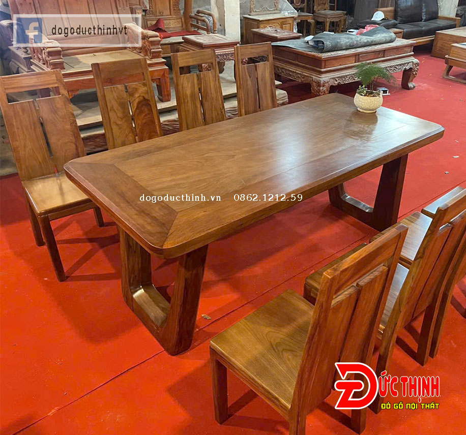 Bàn Ăn Gỗ Đỏ Chân Chữ U – Ghế Mẫu Trơn Khoét Lỗ Cách Điệu