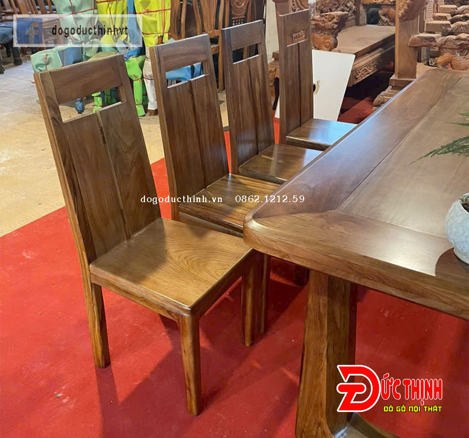 Bàn Ăn Gỗ Đỏ Chân Chữ U – Ghế Mẫu Trơn Khoét Lỗ Cách Điệu