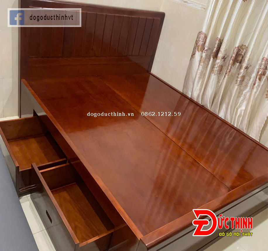 Giường ngủ gỗ sồi Nga mẫu trơn hiện đại - màu nâu cánh gián bóng gương