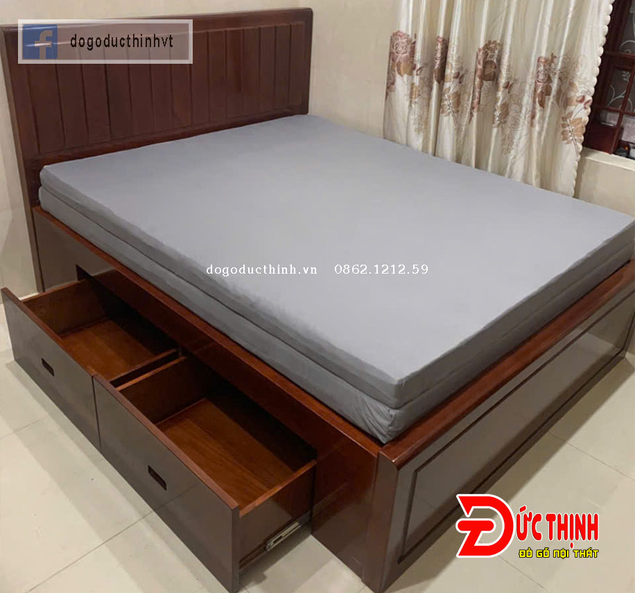 Giường ngủ gỗ sồi Nga mẫu trơn hiện đại - màu nâu cánh gián bóng gương