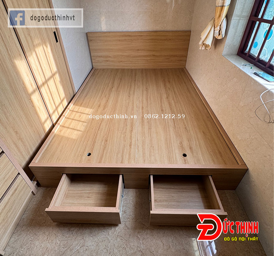Giường ngủ trơn hiện đại gỗ MDF phủ melamin vân gỗ
