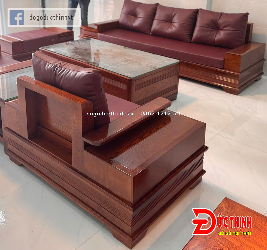 Sofa Gỗ Sồi Nga – Mẫu Đối Chân Pháo – Có Nệm – Sơn Màu Gỗ Hương Đá
