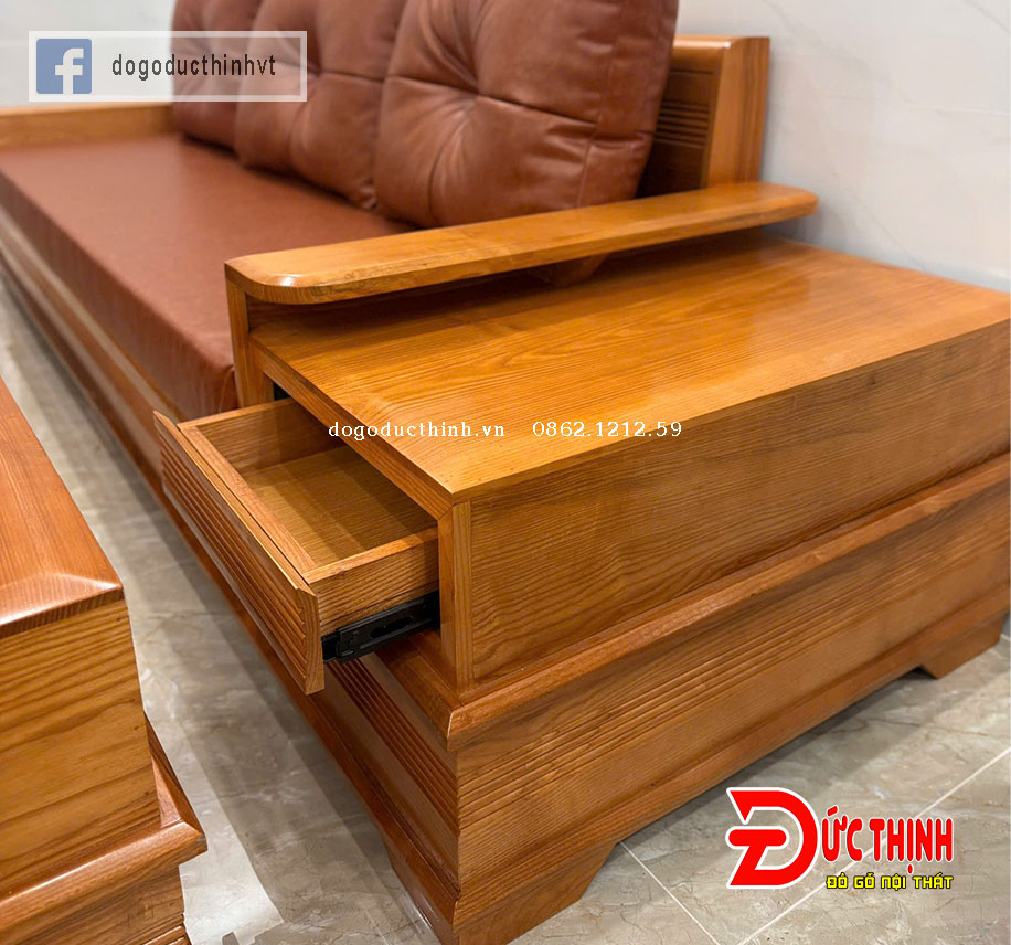 SOFA GỖ SỒI NGA–MẪU ĐỐI CHÂN PHÁO – CÓ NỆM - SƠN MÀU GỖ ĐỎ