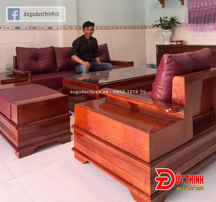 Sofa Gỗ Sồi Nga – Mẫu Đối Chân Pháo – Có Nệm – Sơn Màu Gỗ Hương Đá