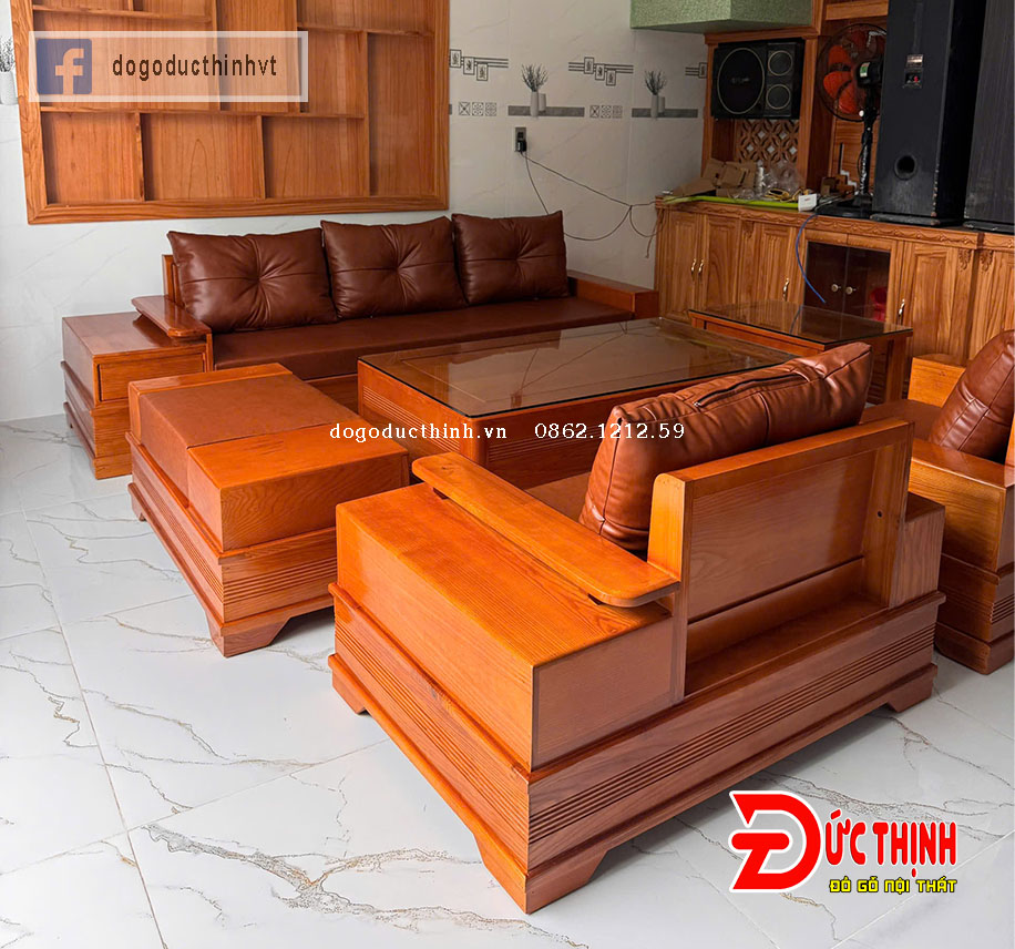 Sofa Gỗ Sồi Nga – Mẫu Đối Chân Pháo – Có Nệm – Sơn Màu gỗ đỏ đậm