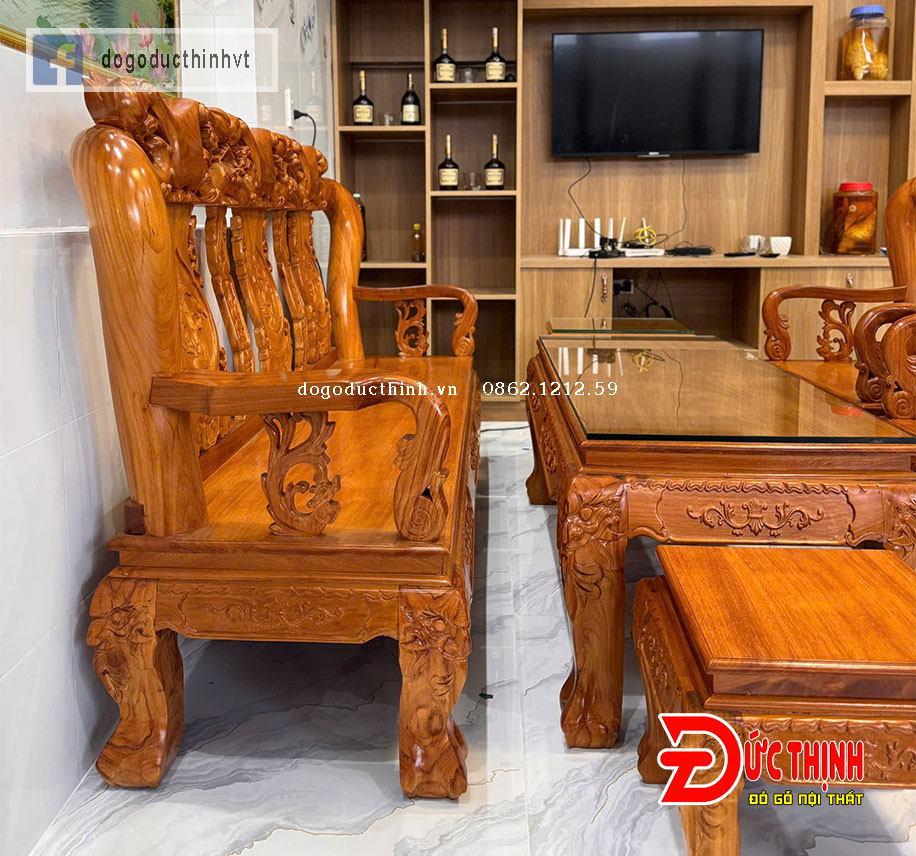 SALON GỖ ĐỎ - ĐÀO TIÊN - CỘT 12 - 6 MÓN - TAY CUỘN