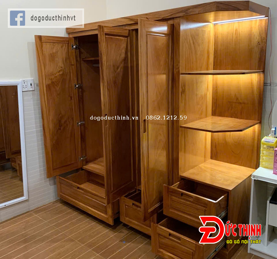 Tủ quần áo gỗ gõ đỏ tự nhiên 3 cánh kết hợp kệ trang trí hiện đại