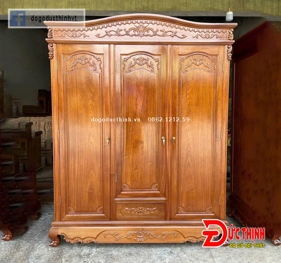 Tủ Quần Áo Gỗ Lát 3 Cánh Mẫu Louis – Sang Trọng, Bền Chắc Cho Phòng Ngủ Cao Cấp
