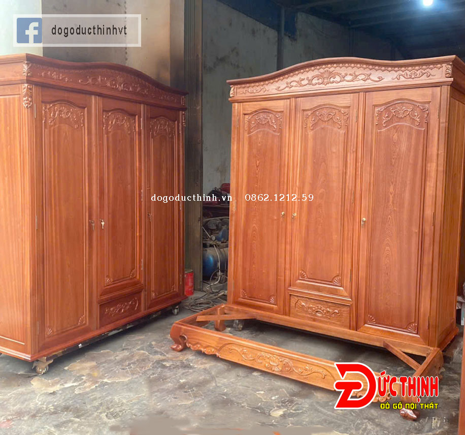 Tủ Quần Áo Gỗ Lát 3 Cánh Mẫu Louis – Sang Trọng, Bền Chắc Cho Phòng Ngủ Cao Cấp