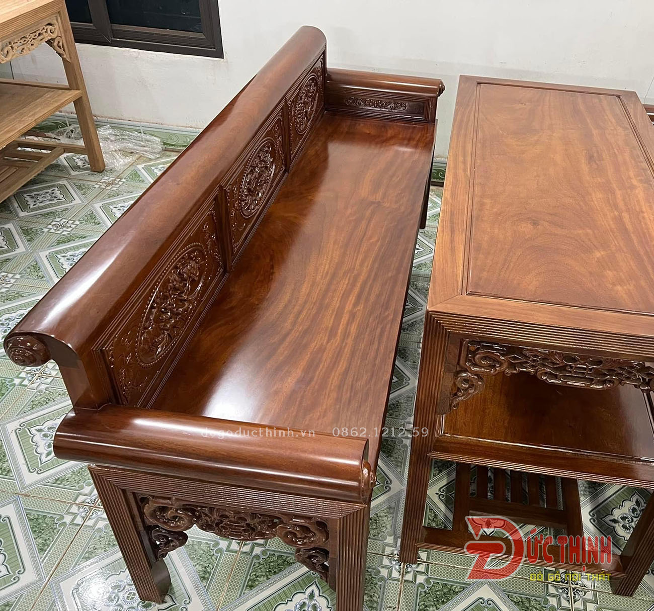 Bộ bàn ghế trường kỷ gỗ gụ Lào - mẫu 7 chỉ