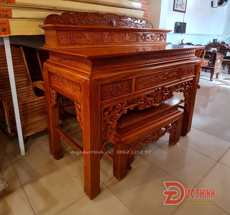 Án gian thờ nhị cấp - gỗ đỏ 175 - bàn cơm 