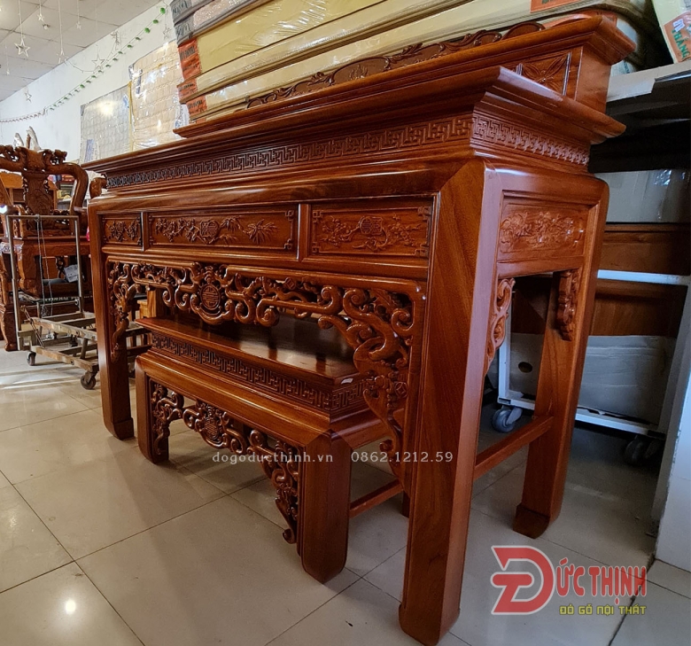 Án gian thờ nhị cấp - gỗ đỏ 175 - bàn cơm 