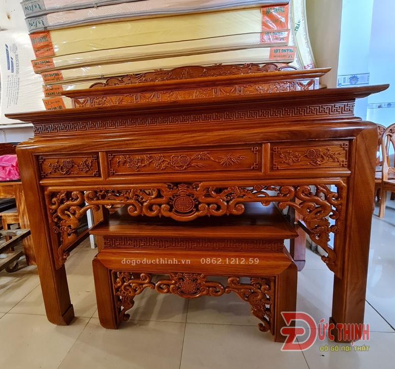Án gian thờ nhị cấp - gỗ đỏ 175 - bàn cơm 