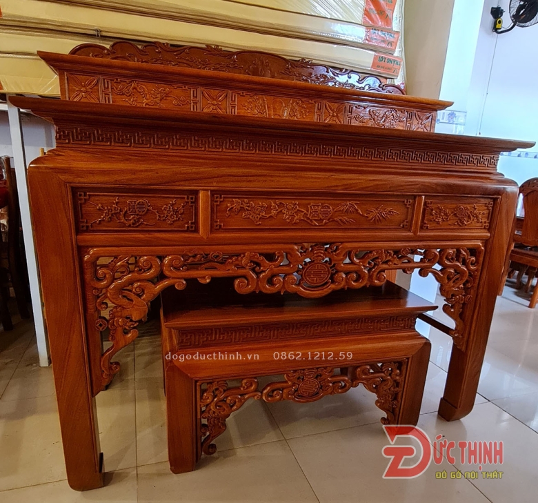 Án gian thờ nhị cấp - gỗ đỏ 175 - bàn cơm 