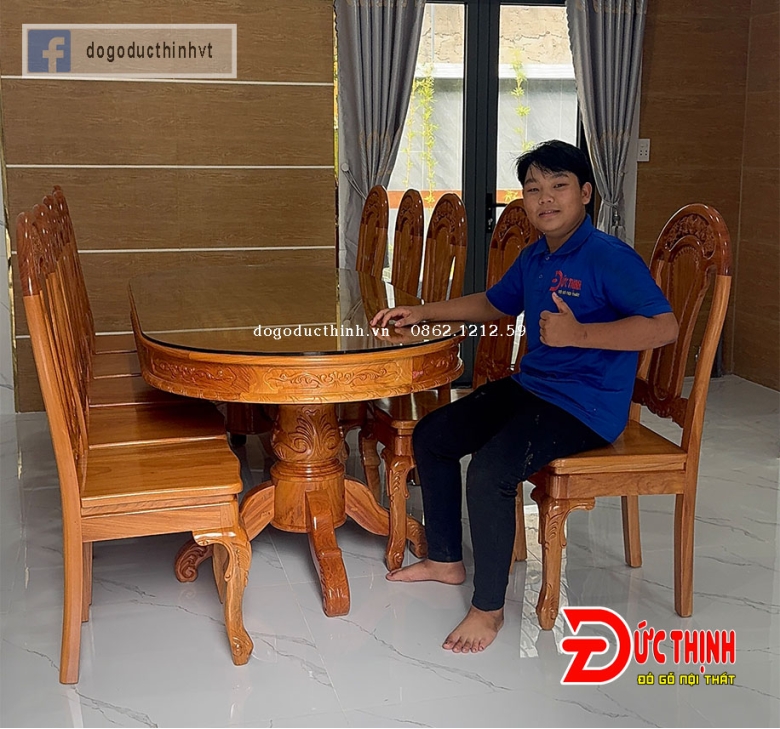 Bàn ăn gỗ đỏ - Oval - 10 ghế tựa đào
