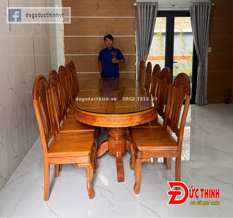 Bàn ăn gỗ đỏ - Oval - 10 ghế tựa đào