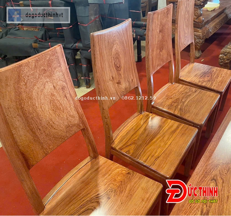 Bàn ăn gỗ đỏ chân chữ U - ghế mẫu trơn hiện đại