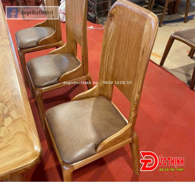 Bàn ăn gỗ đỏ chân chữ U - ghế mẫu tựa trơn cong - đệm da bò