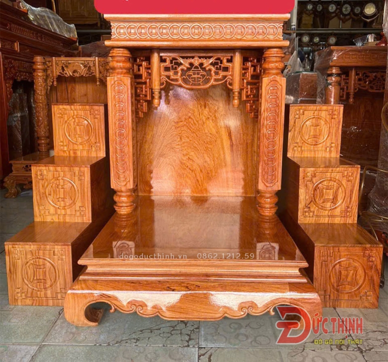 Bàn thờ Ông Địa - Thần Tài gỗ hương đá - có bậc tam cấp