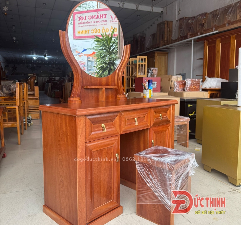 Bàn trang điểm gỗ xoan  1m - gương tròn