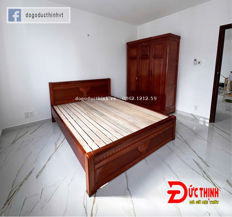 Giường ngủ gỗ xoan đào mẫu họa tiết CNC