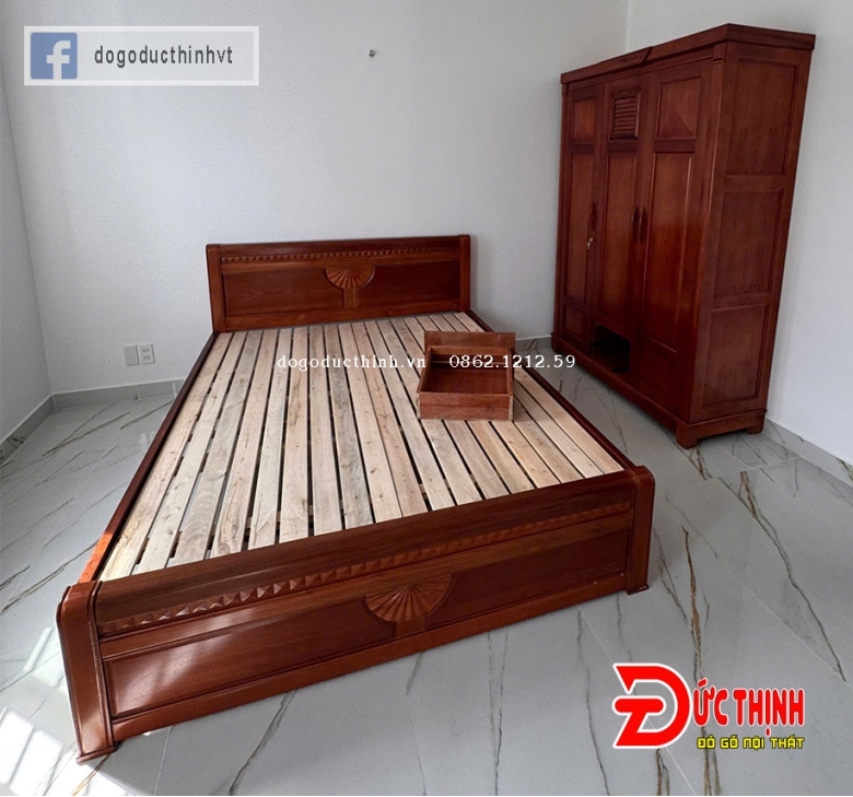Giường ngủ gỗ xoan đào mẫu họa tiết CNC