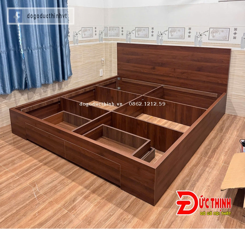 Giường ngủ gỗ MDF hiện đại - màu gỗ óc chó - có ngăn kéo