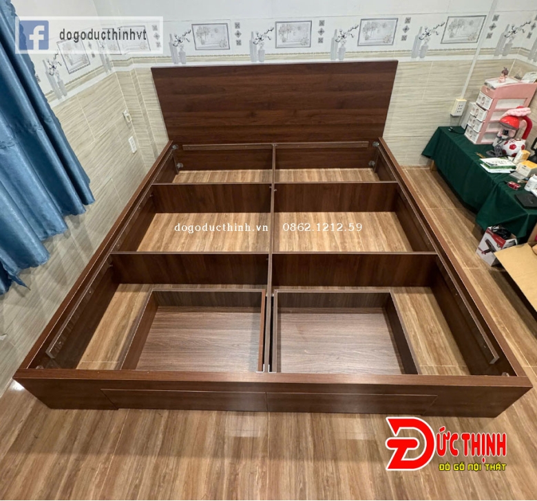 Giường ngủ gỗ MDF hiện đại - màu gỗ óc chó - có ngăn kéo