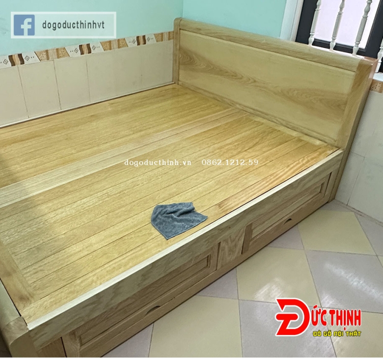 Giường gỗ sồi - Ngăn kéo - tựa trơn - Vạt Phản nan