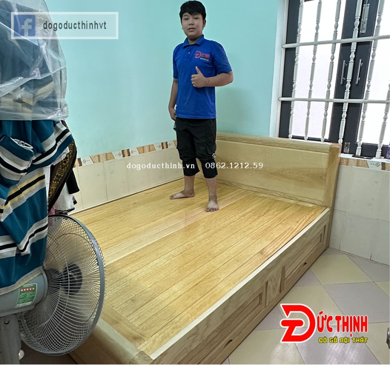 Giường gỗ sồi - Ngăn kéo - tựa trơn - Vạt Phản nan