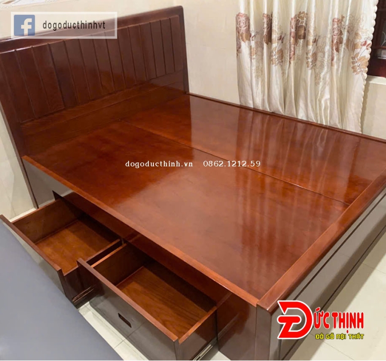 Giường ngủ gỗ sồi Nga mẫu trơn hiện đại - màu nâu cánh gián bóng gương