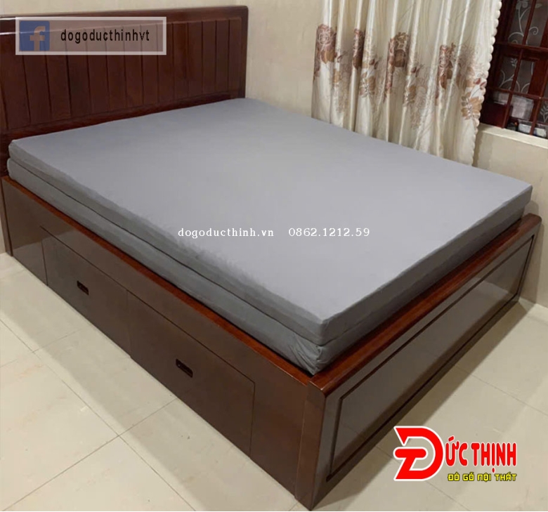 Giường ngủ gỗ sồi Nga mẫu trơn hiện đại - màu nâu cánh gián bóng gương