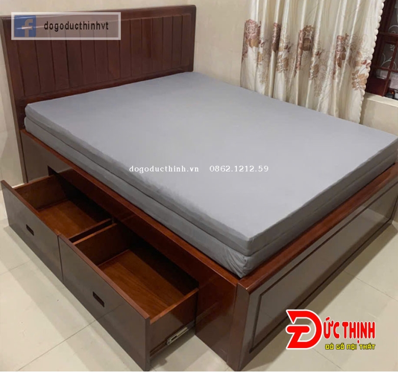 Giường ngủ gỗ sồi Nga mẫu trơn hiện đại - màu nâu cánh gián bóng gương