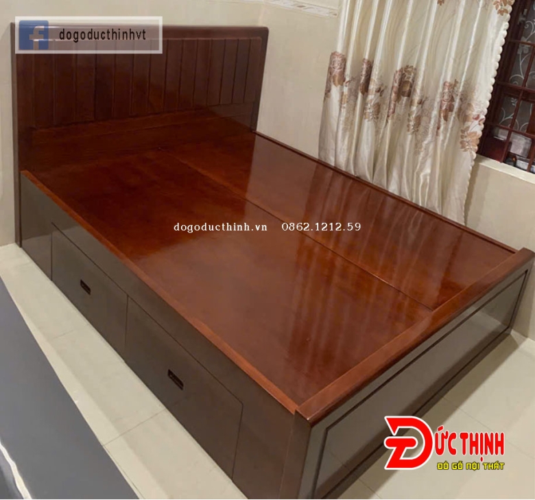 Giường ngủ gỗ sồi Nga mẫu trơn hiện đại - màu nâu cánh gián bóng gương