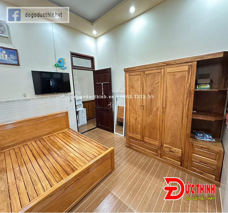 Giường Ngủ Gỗ Gõ Đỏ – Vạt Phản Nan – Đầu Giường Chạm Sọc Hiện Đại