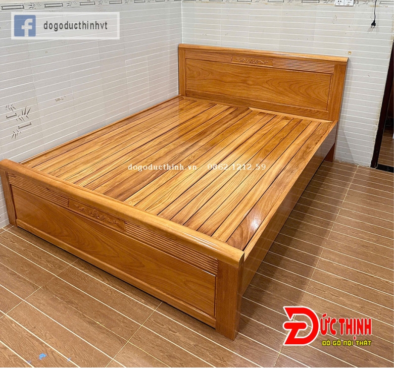 Giường Ngủ Gỗ Gõ Đỏ – Vạt Phản Nan – Đầu Giường Chạm Sọc Hiện Đại
