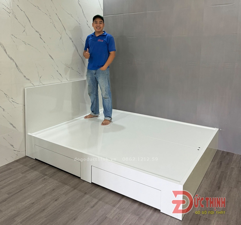 Giường ngủ gỗ MDF hiện đại - màu trắng - ngăn kéo đuôi giường