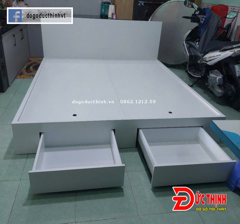 Giường ngủ gỗ MDF hiện đại - màu trắng - ngăn kéo đuôi giường