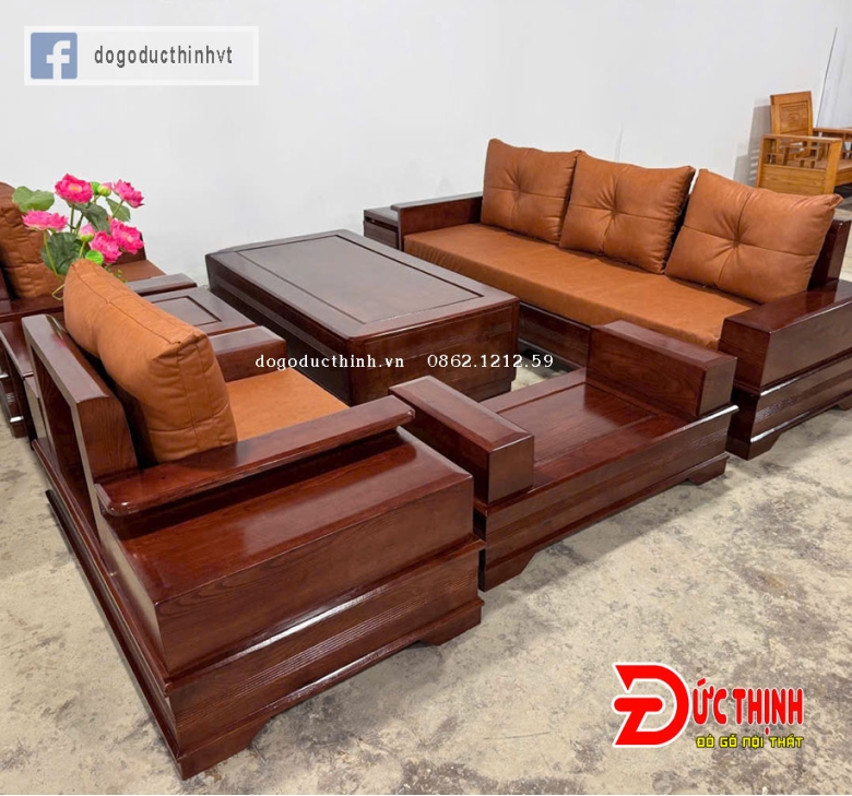 SOFA GỖ SỒI NGA – MẪU ĐỐI CHÂN PHÁO – CÓ NỆM