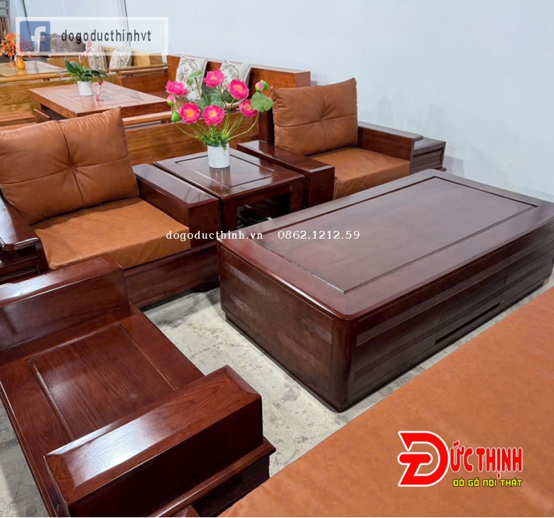 SOFA GỖ SỒI NGA – MẪU ĐỐI CHÂN PHÁO – CÓ NỆM
