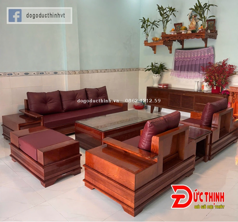 SOFA GỖ SỒI NGA–MẪU ĐỐI CHÂN PHÁO – CÓ NỆM - SƠN MÀU GỖ HƯƠNG ĐÁ