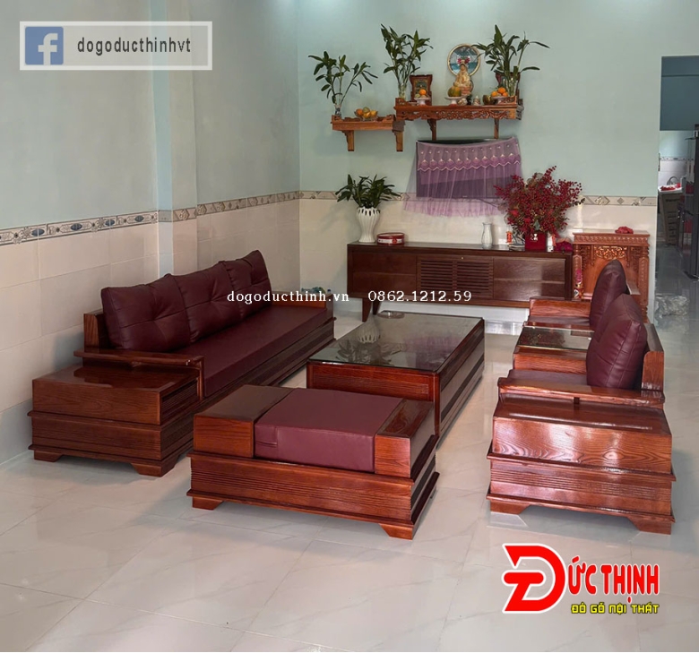 SOFA GỖ SỒI NGA–MẪU ĐỐI CHÂN PHÁO – CÓ NỆM - SƠN MÀU GỖ HƯƠNG ĐÁ