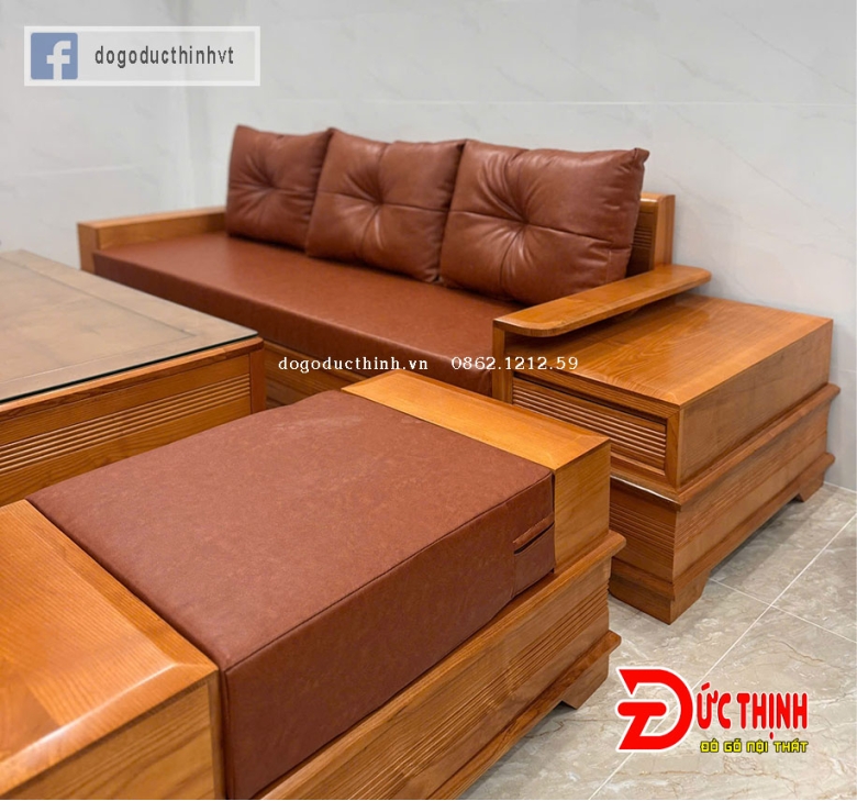 SOFA GỖ SỒI NGA–MẪU ĐỐI CHÂN PHÁO – CÓ NỆM - SƠN MÀU GỖ ĐỎ
