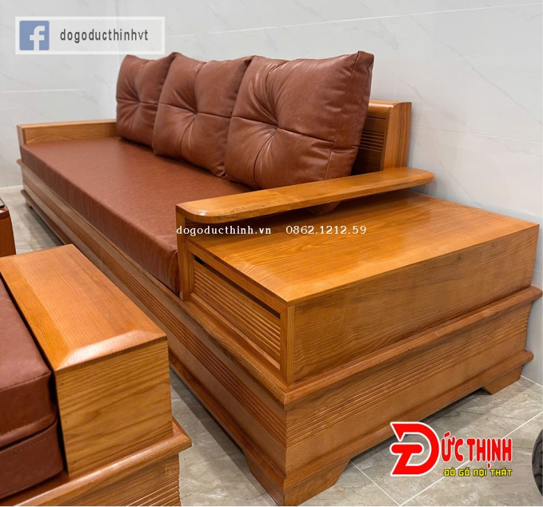 SOFA GỖ SỒI NGA–MẪU ĐỐI CHÂN PHÁO – CÓ NỆM - SƠN MÀU GỖ ĐỎ