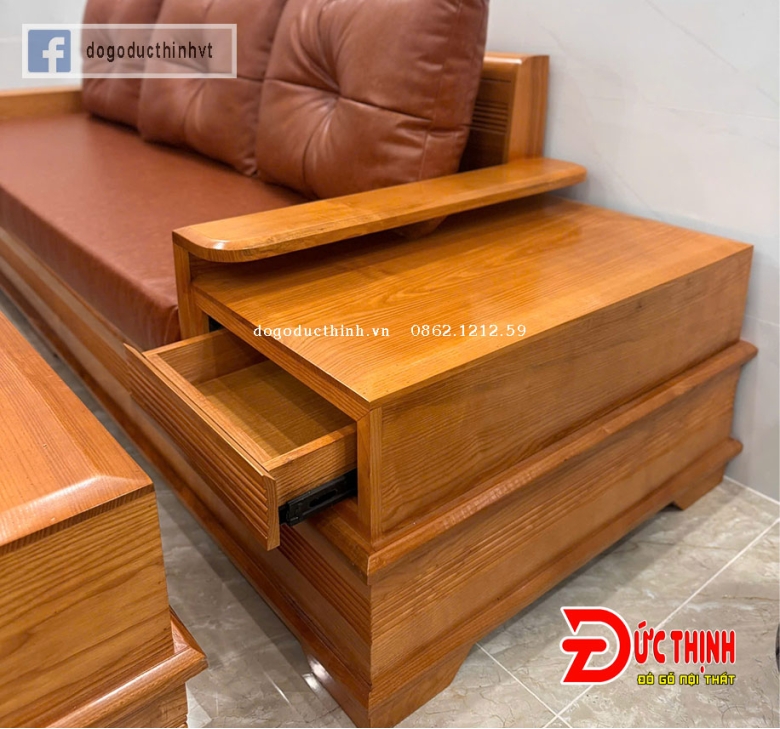 SOFA GỖ SỒI NGA–MẪU ĐỐI CHÂN PHÁO – CÓ NỆM - SƠN MÀU GỖ ĐỎ