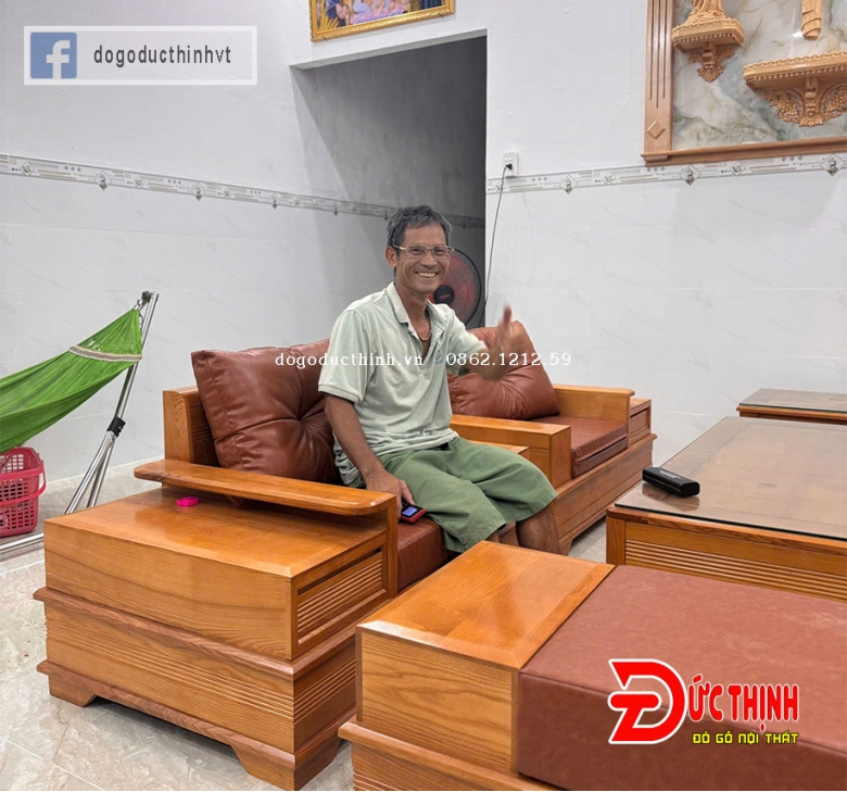 SOFA GỖ SỒI NGA–MẪU ĐỐI CHÂN PHÁO – CÓ NỆM - SƠN MÀU GỖ ĐỎ