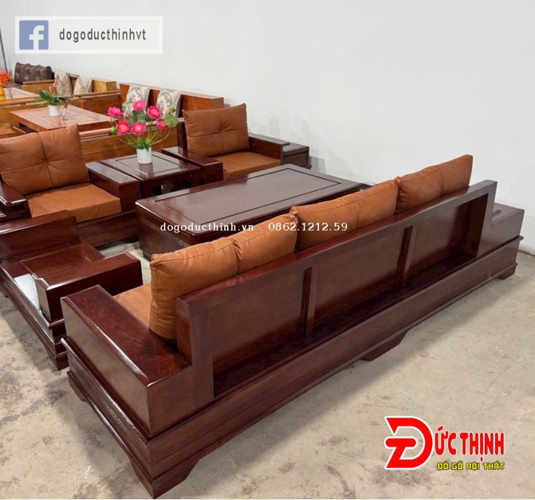 SOFA GỖ SỒI NGA – MẪU ĐỐI CHÂN PHÁO – CÓ NỆM