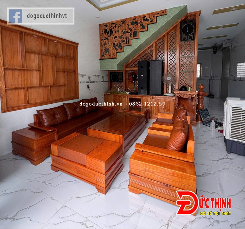 SOFA GỖ SỒI NGA–MẪU ĐỐI CHÂN PHÁO – CÓ NỆM - SƠN MÀU GỖ ĐỎ ĐẬM
