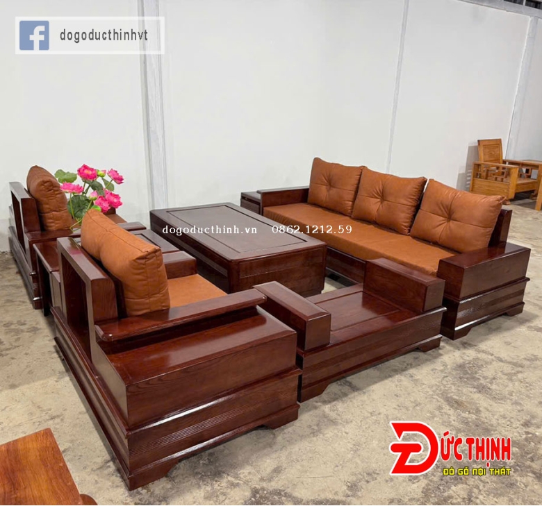SOFA GỖ SỒI NGA – MẪU ĐỐI CHÂN PHÁO – CÓ NỆM